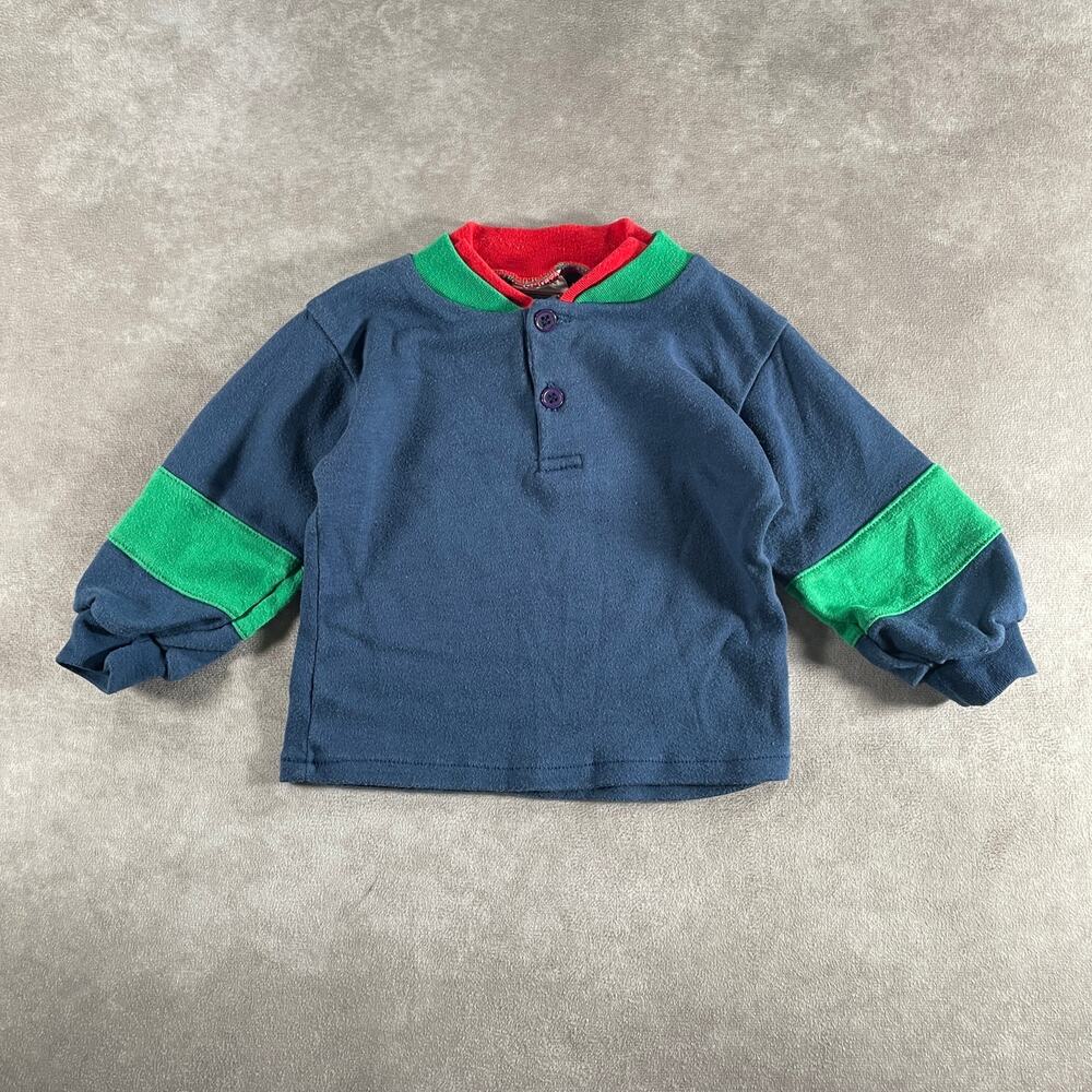 90’s Vintage Happy Kids Toddle 18 Mo Color Block Henley Sweater Preppy Pullover